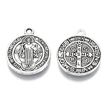 Tibetan Style Alloy Pendants, Saint Benedict Medal, Cadmium Free & Lead Free, Flat Round, Antique Silver Color, Size: about 21mm long, 18mm wide, 2mm thick, hole: 1mm