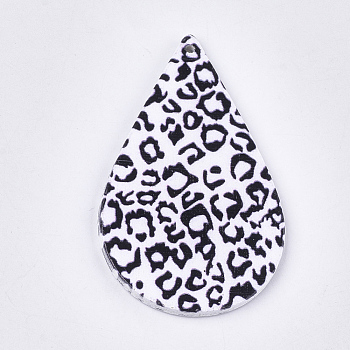 Printed Wooden Big Pendants, Dyed, Teardrop with Leopard Print, Colorful, 59x36x2.5mm, Hole: 1.5mm