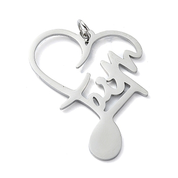 304 Stainless Steel Pendants, with Jump Rings, Laser Cut, Faith Heart Charm, Stainless Steel Color, 31.5x26.5x1mm, Hole: 3mm
