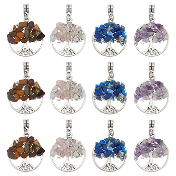 32Pcs 4 Style Alloy European Dangle Charms, with Natural Mixed Gemstone Chips, Flat Round with Tree, 38mm, Hole: 4mm, 8pcs/style