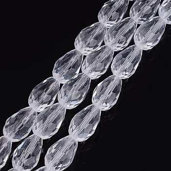Glass Beads Strands, Faceted, teardrop, Clear, 15x10mm, Hole: 2mm, about 48pcs/strand, 27.56 inch(70cm)