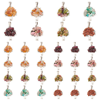 32Pcs 8 Style Tibetan Style Natural & Synthetic Mixed Gemstone Chip Pendants, Antique Silver Tone Alloy Tree of Life Charms with 304 Stainless Steel Snap on Bails, 28x24mm, 4pcs/style