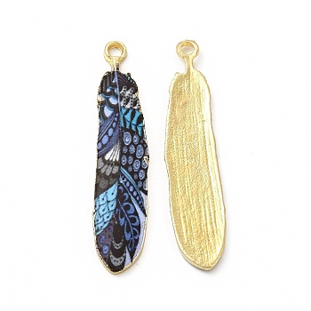 Rack Plating Alloy Pendants, Printed, Lead Free & Cadmium Free & Nickel Free, Feather Charm, Light Gold, Prussian Blue, 36.5x8x1.5mm, Hole: 1.8mm