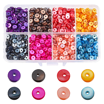 800Pcs 8 Color Natural Freshwater Shell Beads Strands, Dyed, Flat Round/Disc, Heishi Beads, Mixed Color, 5x1mm, Hole: 1mm, 100pcs/color