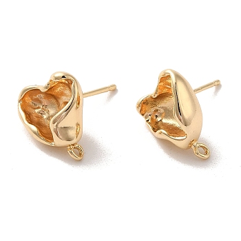 Golden Brass Stud Earring Findings, with Loops and 925 Sterling Silver Pins, Heart, 14x12mm, Hole: 1.2mm, Pin: 11x0.7mm