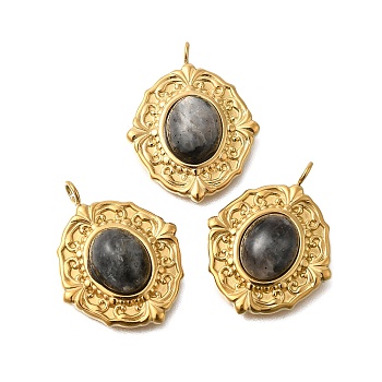 Natural Labradorite Pendants, with Vacuum Plating 201 Stainless Steel Findings, Oval, Real 18K Gold Plated, 25x20x7mm, Hole: 2.5mm