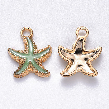 Alloy Enamel Pendants, Starfish, Light Gold, Pale Green, 18x15x3mm, Hole: 2.5mm