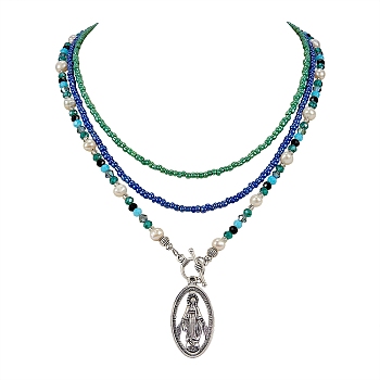 Oval with Virgin Mary Pendant Necklaces, Natural Pearl Beads Necklaces, Glass Seed Beads Necklaces with Toggle Clasp for Women, Mixed Color, 14.8~19.3 inch(37.5~49cm), 3pcs/set