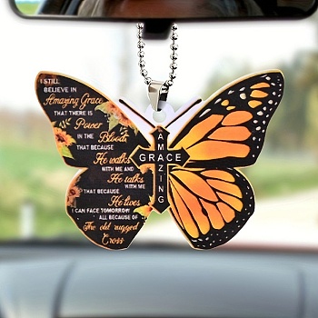 Colorful Butterfly Faith Jesus Cross Acrylic Pendant Decoration, for Car Rear View Mirror Hanging Ornament, Butterfly, 286mm, Pendant: 46x102x5.5mm