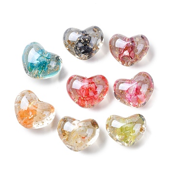 Transparent Resin & Natural Shell Beads, Heart, with Gold Foil, Mixed Color, 17.5~18.5x22~23.5x14.5~15mm, Hole: 2mm