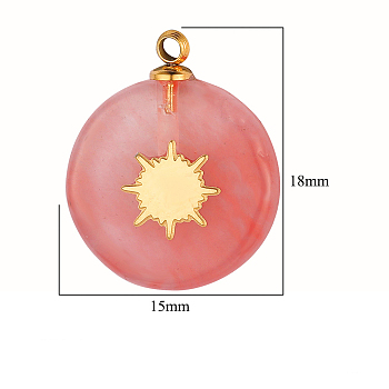 Synthetic Watermelon Stone Glass Pendants, Flat Round Charms, with Golden Tone Stainless Steel Sun Slice, 18~19x15x3.7~4.1mm