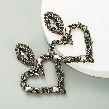 Rhinestone Heart Long Dangle Stud Earrings, Alloy Jewelry for Women, Jet, 80x55mm