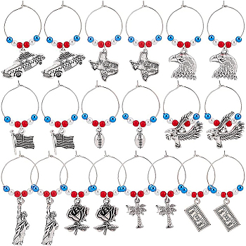 BENECREAT 20Pcs 10 Styles National Flag & Dollar Bills & Eagle & Rose Alloy Dangle Wine Glass Charms with Glass Pearl, Brass Hoop Earrings, Antique Silver, 42~65mm, Pin: 0.8mm, 2pcs/style