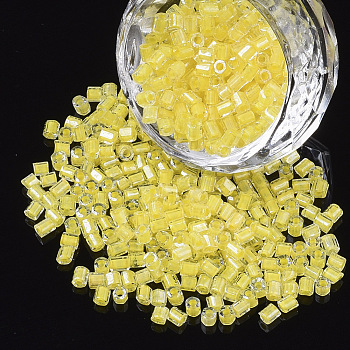 8/0 Two Cut Glass Seed Beads, Hexagon, Transparent Inside Colours Rainbow & Luster, Yellow, 2.5~3x2.5mm, Hole: 0.9mm, about 15000pcs/bag