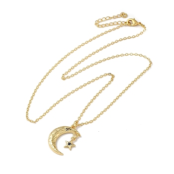 Golden Brass Crescent Moon Pendant Necklace with Rhinestone, Star, 17.60 inch(44.7cm)