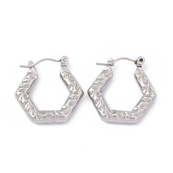 304 Stainless Steel Hexagon Hoop Earrings for Women, Stainless Steel Color, 23x22.5x3.5mm, Pin: 0.7mm