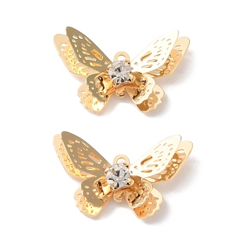 Brass Rhinestone Pendants, Butterfly Charms, Real 18K Gold Plated, 12x20x4mm, Hole: 1.2mm