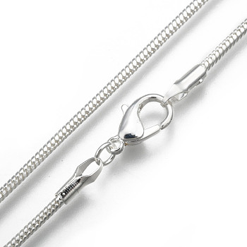 Brass Round Snake Chain Necklaces, with Lobster Claw Clasps, Silver Color Plated, 20 inch, 2mm