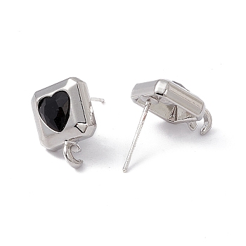 Rack Plating Alloy Stud Earring Findings, with Jet Rhinestone, 925 Sterling Silver Pins and Vertical Loops, Cadmium Free & Lead Free, Square with Heart, Platinum, 14x10x4.5mm, Hole: 2mm, Pin: 0.6mm