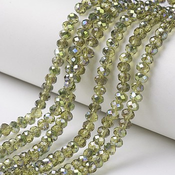 Electroplate Transparent Glass Beads Strands, Half Green Plated, Faceted, Rondelle, Yellow Green, 3.5x3mm, Hole: 0.4mm, about 123~127pcs/strand, 13.7~14.1 inch(35~36cm)