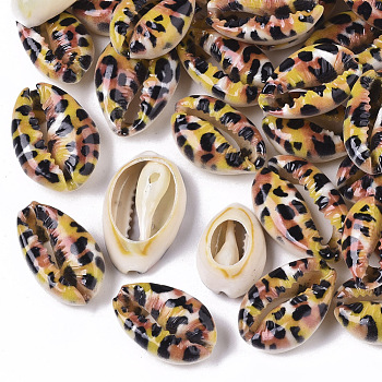 Printed Natural Cowrie Shell Beads, No Hole/Undrilled, with Leopard Print Pattern, Sandy Brown, 18~21x12~15x7mm