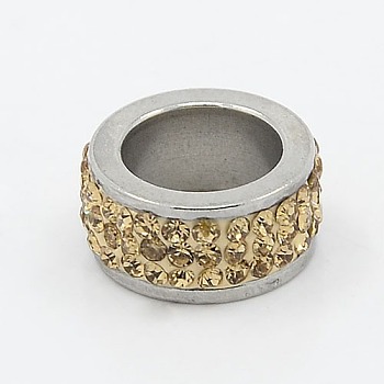 304 Stainless Steel Column Beads, with Polymer Clay Rhinestone, Stainless Steel Metal Color, Jonquil, 13x6mm, Hole: 8mm