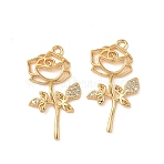 Brass Micro Pave Clear Cubic Zirconia Pendants, Rose, Nickel Free, Real 18K Gold Plated, 29x15.5x2mm, Hole: 1.8mm(KK-B160-35G)