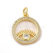 Rack Plating Brass & Cubic Zirconia Pendants, with Plastic Findings & Jump Ring, Lead Free & Cadmium Free, Long-Lasting Plated, Flat Round with Eye Pattern Charm, Real 18K Gold Plated, 20x17x3.5mm, Hole: 4mm(KK-G459-05G)