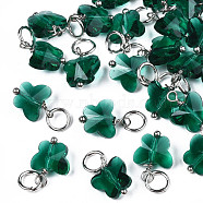 Faceted Transparent Glass Charms, with Iron Jump Ring, Butterfly, Teal, 13~14x9.8x6mm, Hole: 4mm(GLAA-T024-06F)