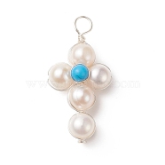 Synthetic Turquoise Copper Wire Wrapped Pendants, Religion Cross Charms, with Cultured Freshwater Pearl Beads, Silver Color, 31~33x16~17x8~9mm, Hole: 3~3.5mm(PALLOY-JF01962-02)