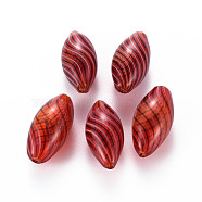 Transparent Handmade Blown Glass Globe Beads, Stripe Pattern, Rice, FireBrick, 24.5~25.5x11.5~12.5mm, Hole: 1~2mm(GLAA-T012-12)