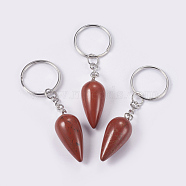 Natural Red Jasper Keychain, with Iron Key Rings, Platinum, teardrop, 80.5mm, Pendant: 33.5x15.5mm(KEYC-P041-B06)