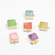 Electroplated Natural Druzy Agate Links connectors, Golden, Square, Mixed Color, 23x15x9mm, Hole: 2mm(G-G656-01)