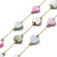 Colorful Natural Shell Heart & Brass Beaded Link Chains, with Ion Plating(IP) Golden 304 Stainless Steel Paperclip Chains, Soldered, with Spool, Golden, 6.5x6.5x3mm, about 32.81 Feet(10m)/Roll(CHS-C008-04G)