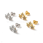 Rack Plating Brass Micro Pave Clear Cubic Zirconia 3 Star Stud Earrings, Long-Lasting Plated, Lead Free & Cadmium Free, Mixed Color, 10x8.5mm, Pin: 0.7mm(EJEW-F301-21)
