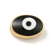 Real 18K Gold Plated Brass Beads, with Enamel, Cadmium Free & Lead Free, Long-Lasting Plated, Oval with Evil Eye, Black, 6.5x10x5.5mm, Hole: 1.2mm(KK-B059-37G-A)