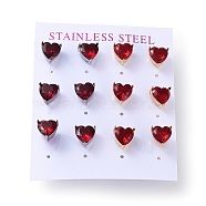 6 Pair 2 Color Heart Cubic Zirconia Stud Earrings, Golden & Stainless Steel Color 304 Stainless Steel Earrings, Red, 9x9mm, 3 Pair/color(EJEW-A024-15C)