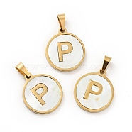 PVD Vacuum Plating 304 Stainless Steel with White Shell Pendants, Golden, Flat Round with Letter Charm, Letter.P, 18x16x1.5mm, Hole: 3x6mm(STAS-G268-01P-G)