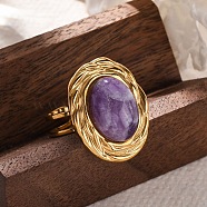 Oval Natural Amethyst Finger Rings, 304 Stainless Steel Cuff Rings for Women, Golden, oval: 22x17.5mm, Adjustable(RJEW-M063-01G-16)