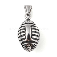 304 Stainless Steel Pendants, with 201 Stainless Steel Snap on Bails, 3D Rugby Charm, Antique Silver, 34x17mm, Hole: 9x4mm(STAS-K255-15AS)