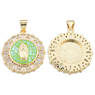 Brass Micro Pave Clear Cubic Zirconia Pendants, with Enamel and Shell, Real 18K Gold Plated, Nickel Free, Flat Round with Virgin Mary, Light Green, 23.5x21x4mm, Hole: 3x4mm(KK-N227-100E)