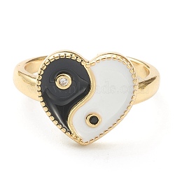 Brass Micro Pave Cubic Zirconia Finger Rings, with Enamel, Long-Lasting Plated, Real 18K Gold Plated, Heart, Black, US Size 7 3/4(17.9mm), 2.5mm, Inner Diameter: 18mm(RJEW-P021-01A)