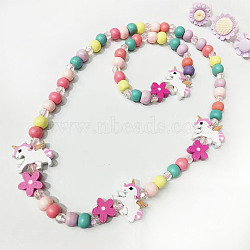 Plastic & Wood Beaded Necklaces & Beaded Bracelets Sets, Kid Jewelry Sets, Unicorn, 450mm & 140mm(WG31E53-08)