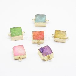 Electroplated Natural Druzy Agate Links connectors, Golden, Square, Mixed Color, 23x15x9mm, Hole: 2mm(G-G656-01)