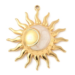 304 Stainless Steel Pendants, with Enamel and Glitter Sequins, Sun Ray with Moon Charm, Real 18K Gold Plated, WhiteSmoke, 29x26.5x5mm, Hole: 1.2mm(X-STAS-F319-08G-02)