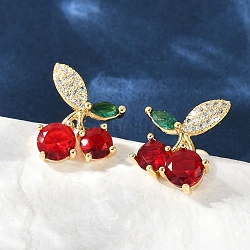 Brass Pave Cubic Zirconia Stud Earrings for Women, Cherry, Real 18K Gold Plated, 16x12.5mm(EJEW-A126-03G)