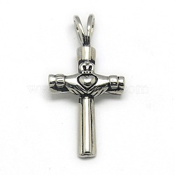 Fashionable Retro 304 Stainless Steel Cross with Claddagh Ring Pendants, Irish, Antique Silver, 33x17x4mm, Hole: 3x5mm(STAS-L017-54)