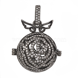 (Holiday Stock-Up Sale)Brass Cage Pendants, For Chime Ball Pendant Necklaces Making, with Micro Pave Cubic Zirconia, Hollow Round with Wing, Clear, Gunmetal, 28x26x22mm, Hole: 2x7.5mm, Inner Measure: 18mm(KK-Q749-013B)