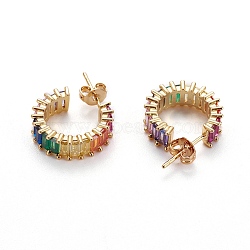 Brass Micro Pave Cubic Zirconia Stud Earrings, Half Hoop Earrings, with Brass Ear Nuts, Ring, Colorful, Real 18K Gold Plated, 15x5mm, Pin: 0.7mm(EJEW-F198-21G)