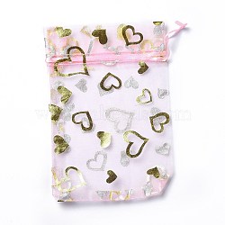Organza Drawstring Jewelry Pouches, Wedding Party Gift Bags, Rectangle with Gold Stamping Heart Pattern, Pink, 15x10x0.11cm(OP-I001-B04)